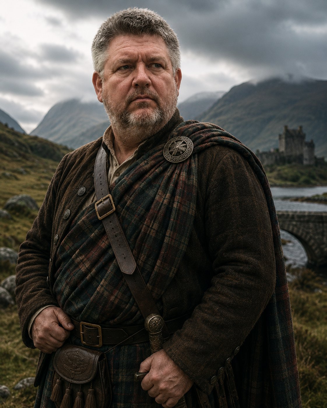 Alasdair MacBrae, the Grey Wolf, standing before Dùn Cailleach in his clan plaid.